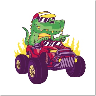 t-rex-dinosaur-driving-car Posters and Art